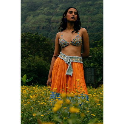 Nirmooha Mustard Colour Block Tiered Skirt with Belt