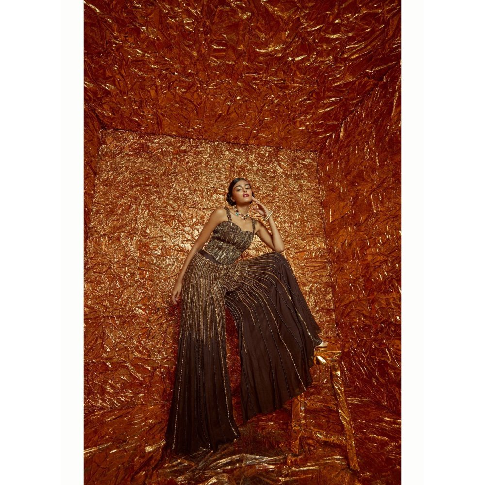 Nirmooha Brown Embellished Corset and Palazzo with Dupatta