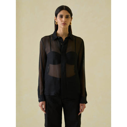 No Grey Area Black Silk-Mesh Boxy Shirt
