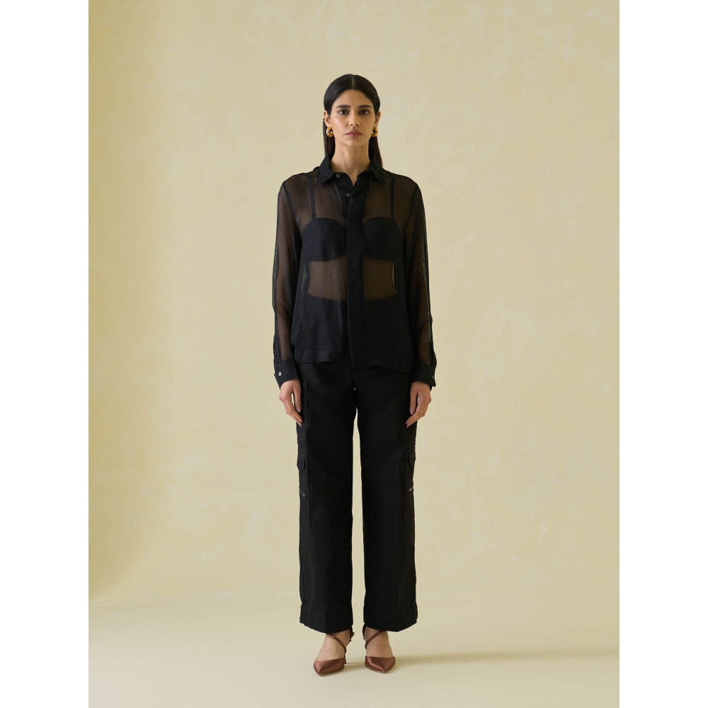 No Grey Area Black Silk-Mesh Boxy Shirt