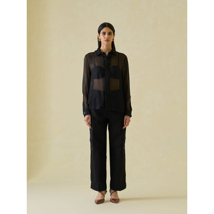 No Grey Area Black Silk-Mesh Boxy Shirt