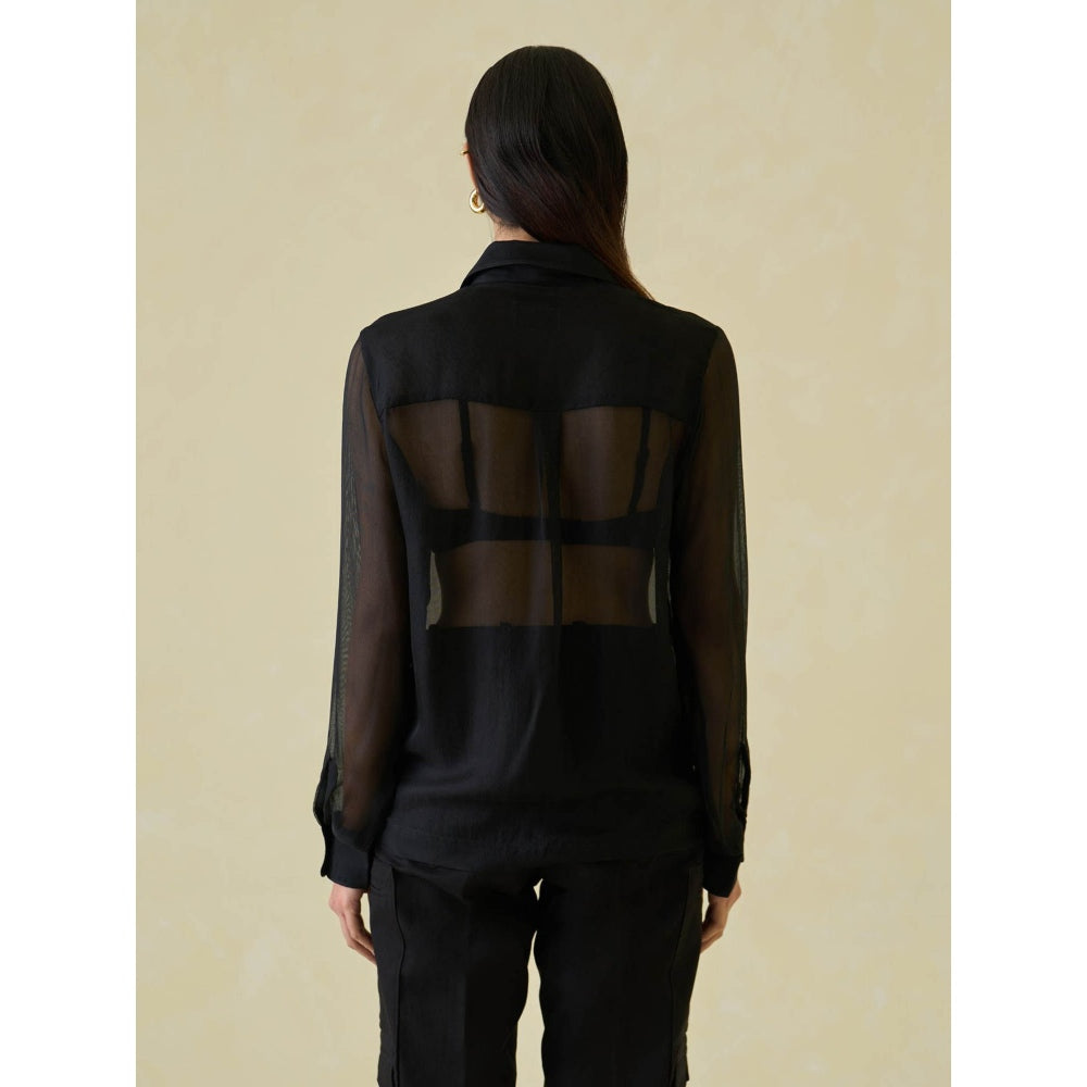 No Grey Area Black Silk-Mesh Boxy Shirt