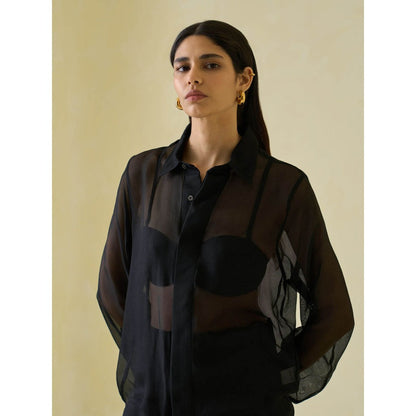 No Grey Area Black Silk-Mesh Boxy Shirt