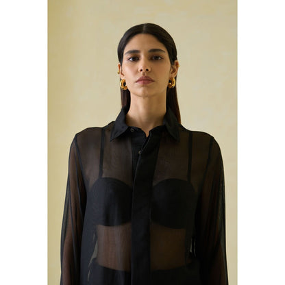 No Grey Area Black Silk-Mesh Boxy Shirt