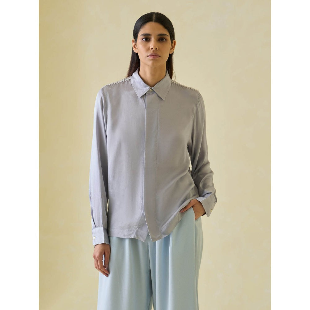 No Grey Area Grey Crinkled Satin Boxy Shirt