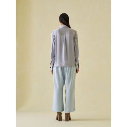 No Grey Area Grey Crinkled Satin Boxy Shirt