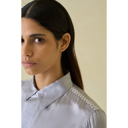 No Grey Area Grey Crinkled Satin Boxy Shirt