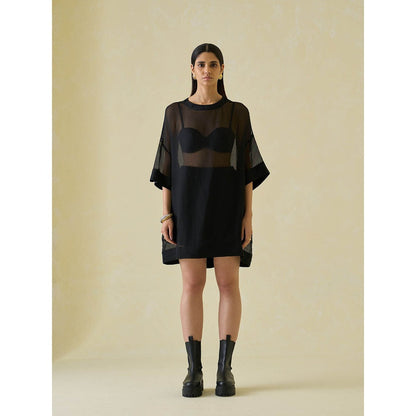 No Grey Area Black Satin Mesh T-Shirt Dress