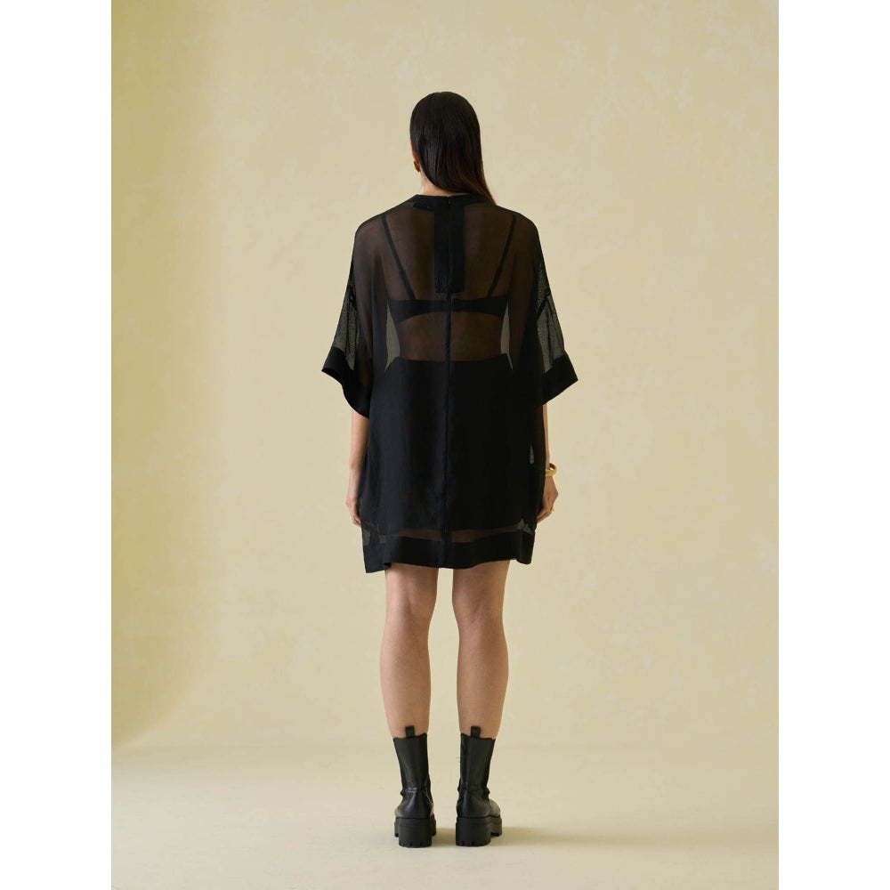 No Grey Area Black Satin Mesh T-Shirt Dress