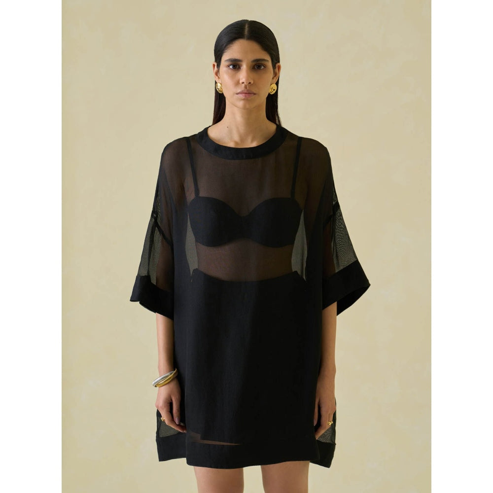 No Grey Area Black Satin Mesh T-Shirt Dress