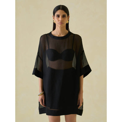 No Grey Area Black Satin Mesh T-Shirt Dress