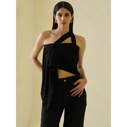 No Grey Area Black One Shoulder Draped Top