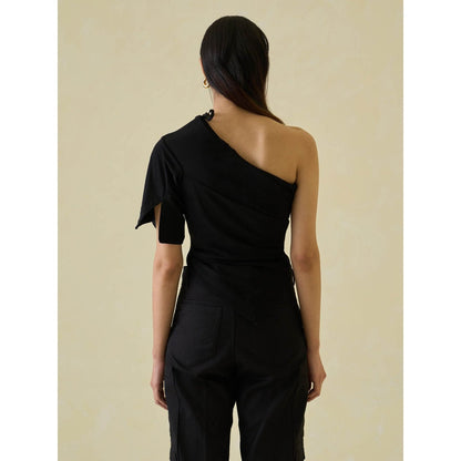 No Grey Area Black One Sleeve Asymmetric Top