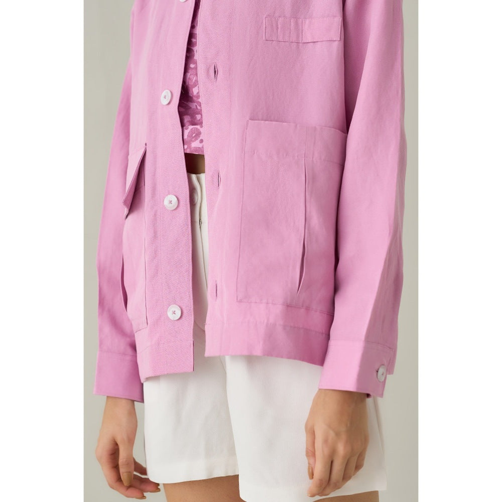 No Grey Area Pink Tencel Utilitarian Denim Jacket