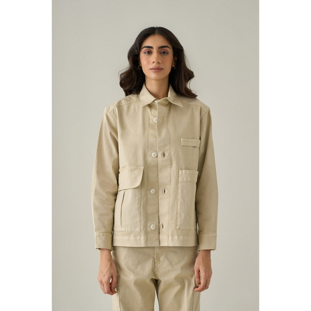 No Grey Area Beige Twill Utilitarian Denim Jacket