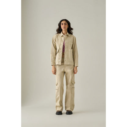 No Grey Area Beige Twill Utilitarian Denim Jacket