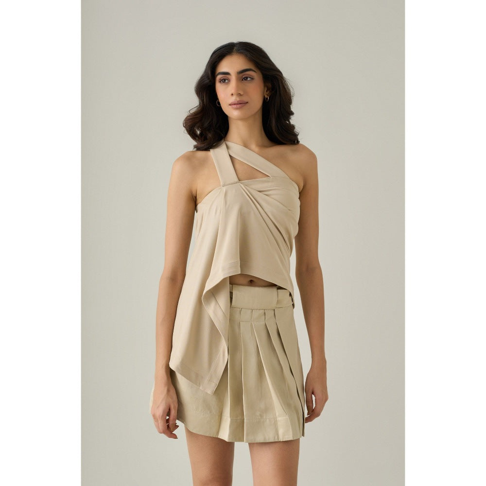 No Grey Area Beige One Shoulder Draped Top