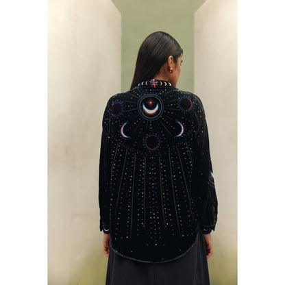 NOIB Women Black Velvet Printed Tops