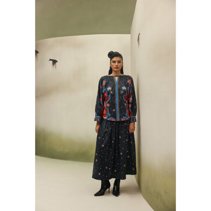 NOIB Women Black Cotton Satin Floral Tops