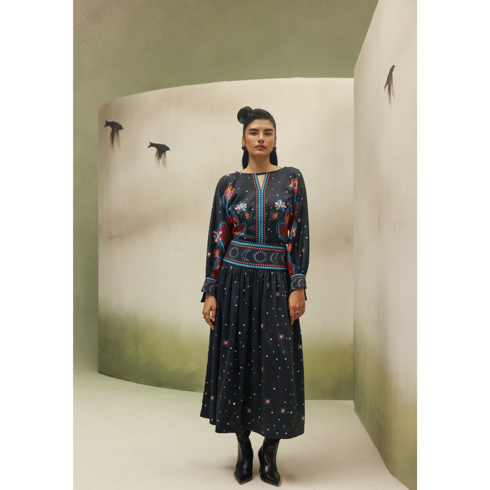 NOIB Women Black Cotton Satin Floral Tops