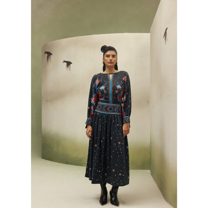 NOIB Women Black Cotton Satin Floral Tops