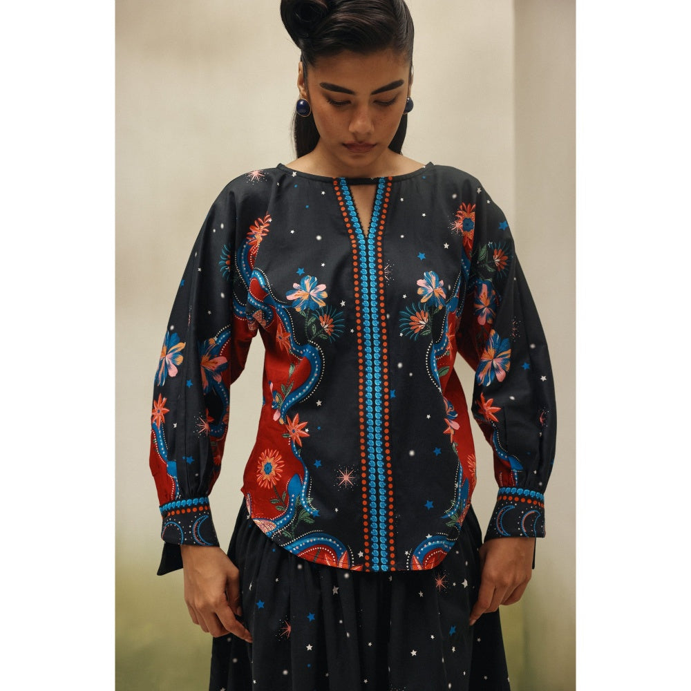 NOIB Women Black Cotton Satin Floral Tops