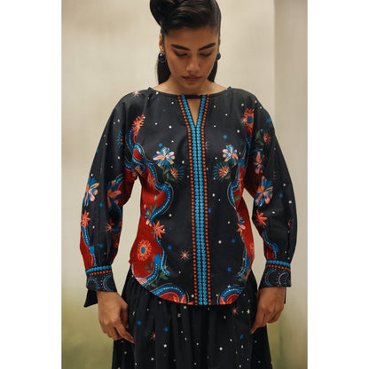 NOIB Women Black Cotton Satin Floral Tops