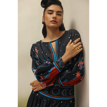 NOIB Women Black Cotton Satin Floral Tops