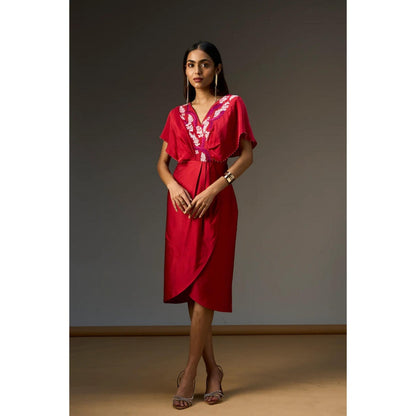 nona Red Lehr V Neck Mock Wrap Short Dress