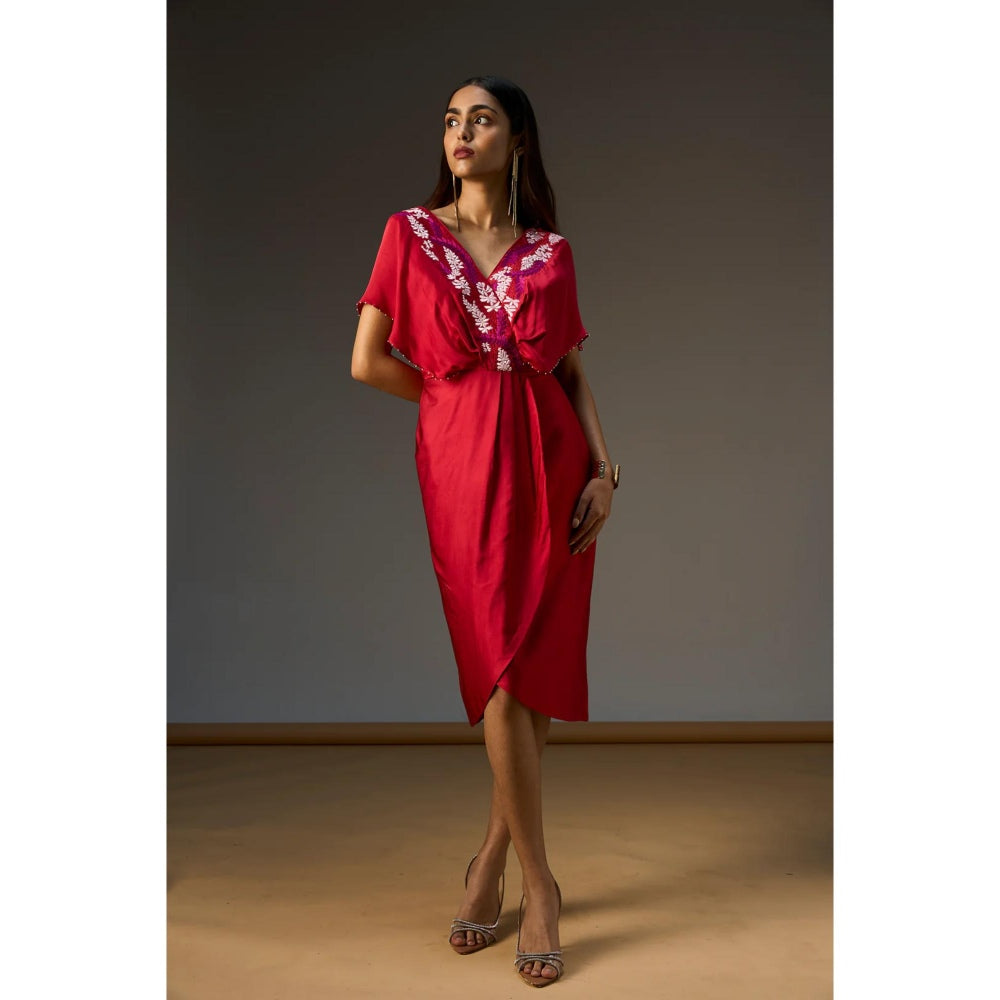 nona Red Lehr V Neck Mock Wrap Short Dress