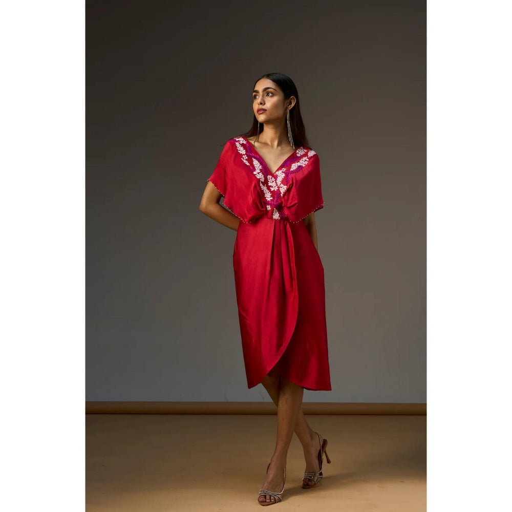 nona Red Lehr V Neck Mock Wrap Short Dress