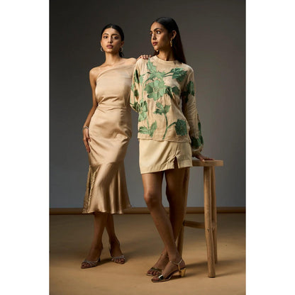 nona Beige Lehr Off Shoulder Structured Midi Dress