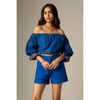 nona Blue Lehr Off Shoulder Cropped Top