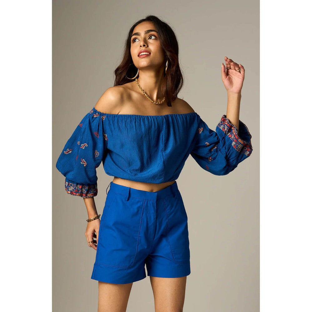nona Blue Lehr Off Shoulder Cropped Top
