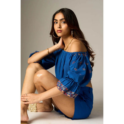 nona Blue Lehr Off Shoulder Cropped Top