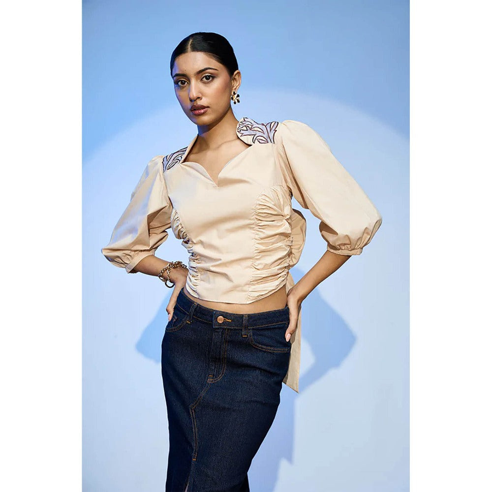 nona Beige Lehr Bow Tie Cropped Top
