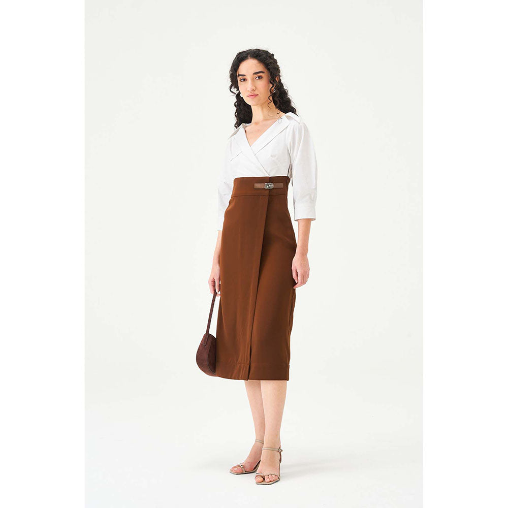 Notebook Women Brown Notched Lapel Neck Midi Dress