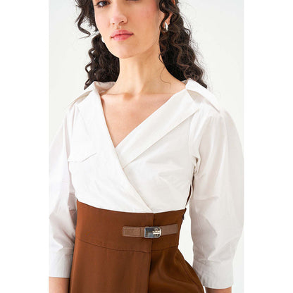 Notebook Women Brown Notched Lapel Neck Midi Dress