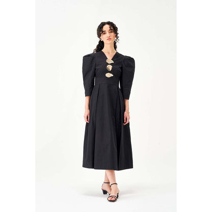 Notebook Women Black V-Neck Solid Midi Dress