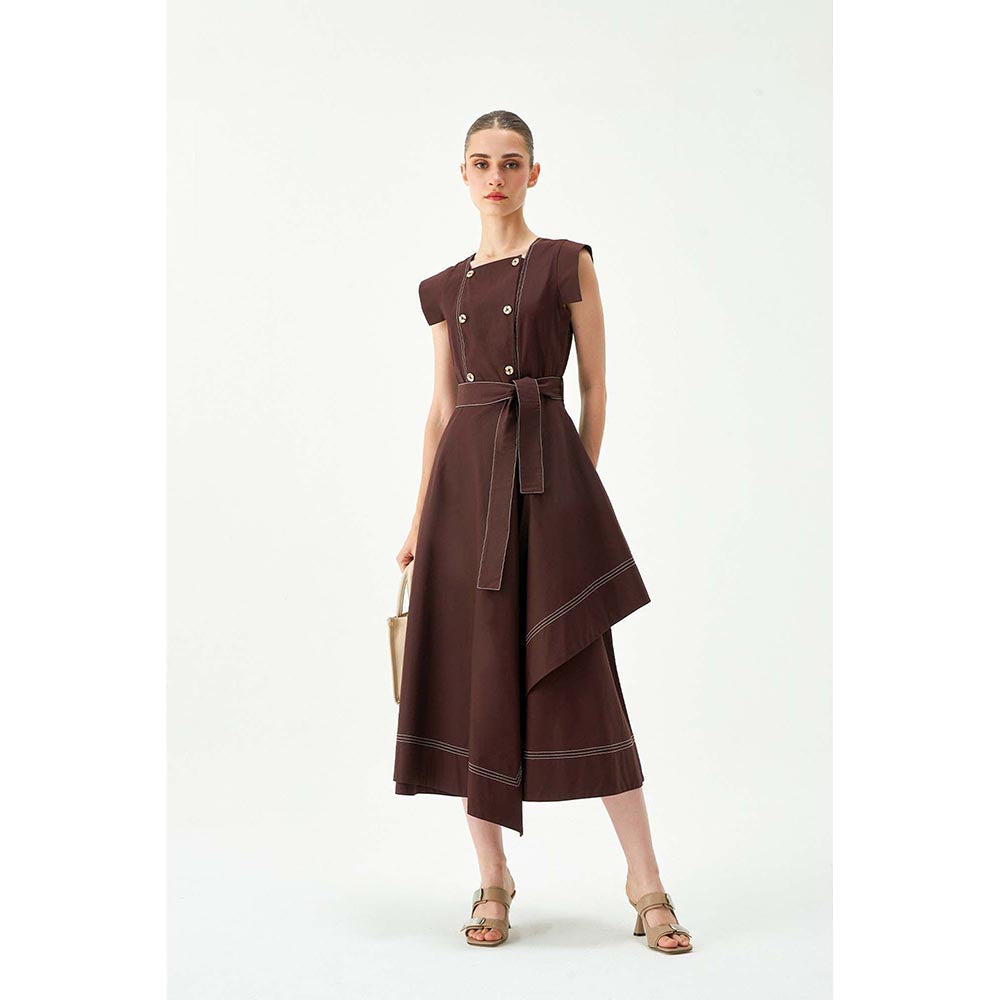 Notebook Women Brown Square Neck Cap Sleeves Midi Dress