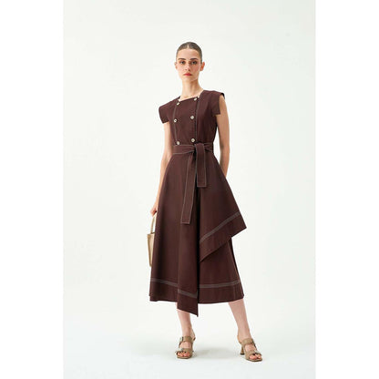 Notebook Women Brown Square Neck Cap Sleeves Midi Dress
