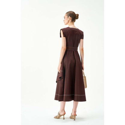 Notebook Women Brown Square Neck Cap Sleeves Midi Dress