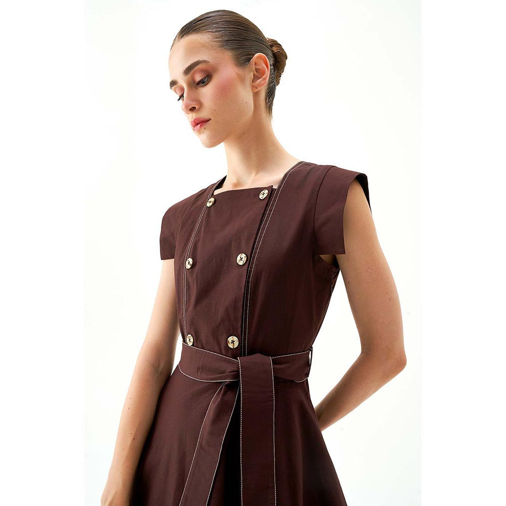Notebook Women Brown Square Neck Cap Sleeves Midi Dress