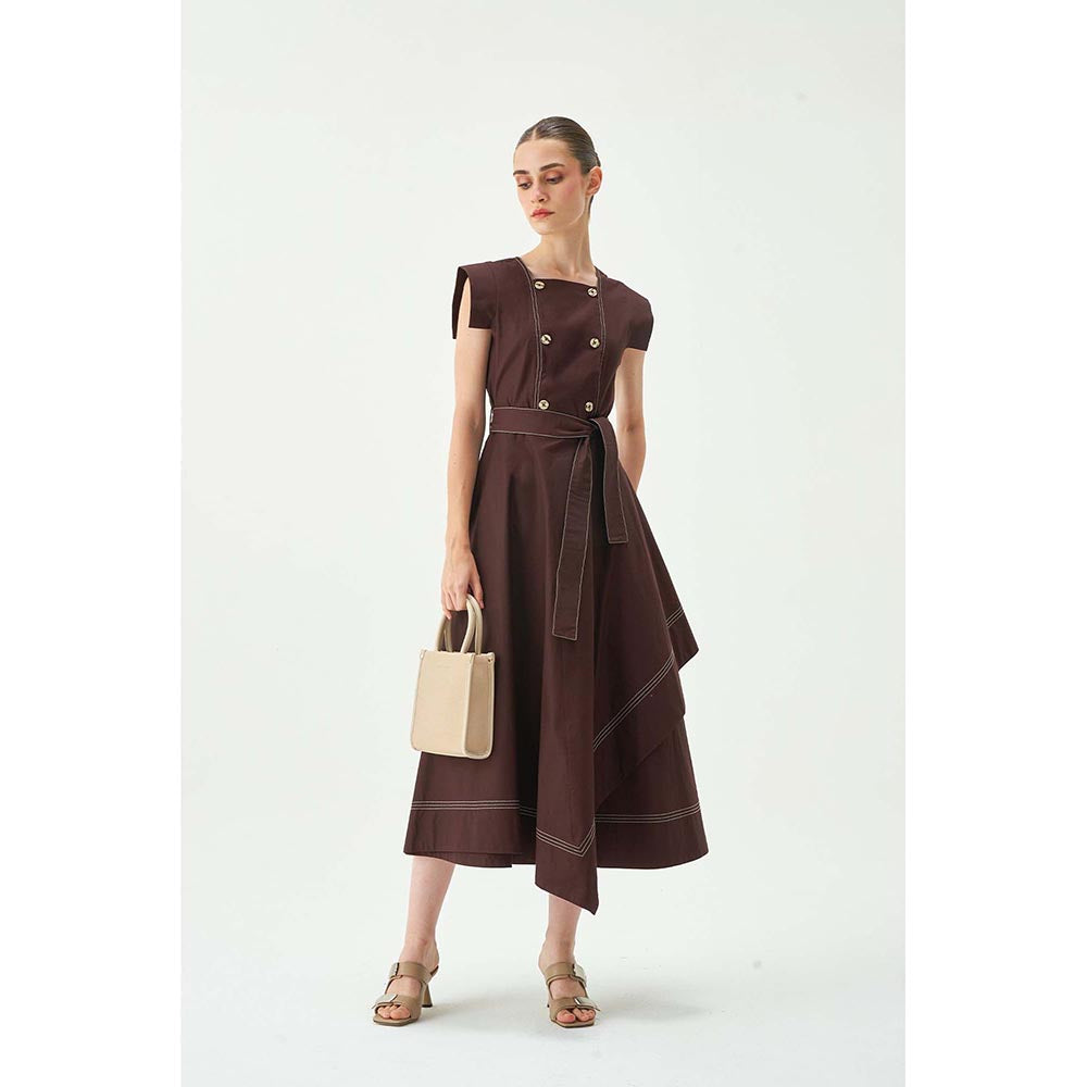 Notebook Women Brown Square Neck Cap Sleeves Midi Dress