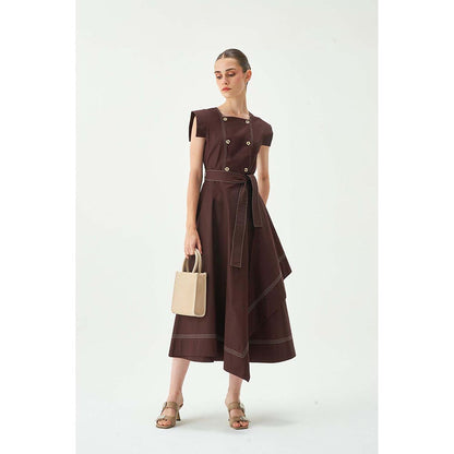 Notebook Women Brown Square Neck Cap Sleeves Midi Dress