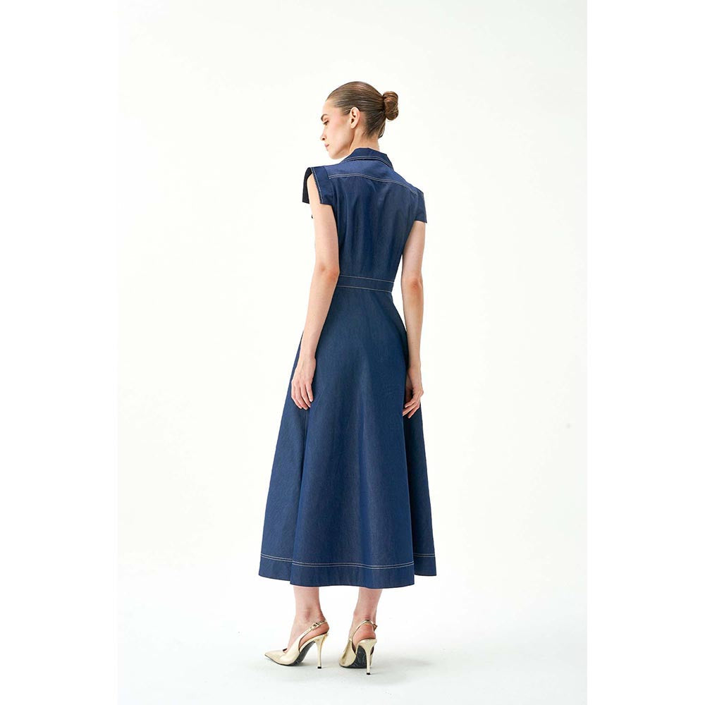 Notebook Women Blue Notched Lapel Solid Midi Dress