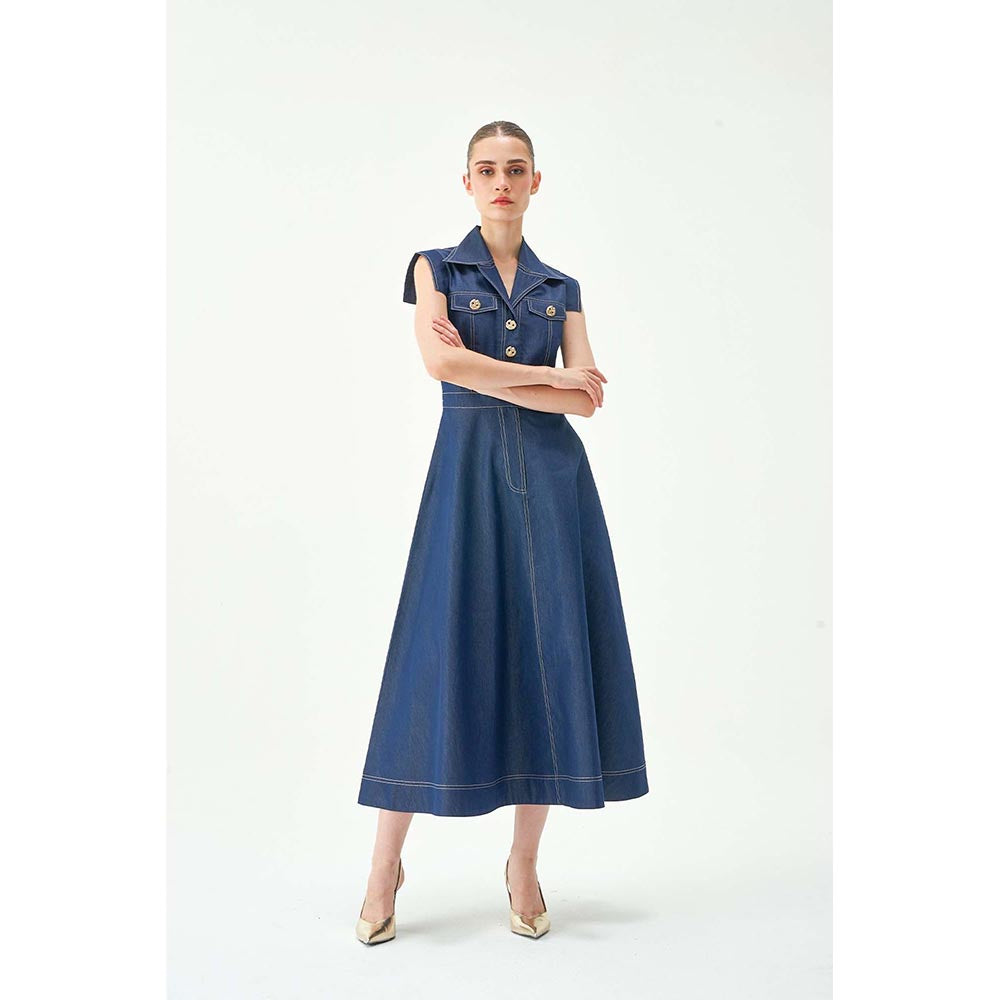 Notebook Women Blue Notched Lapel Solid Midi Dress