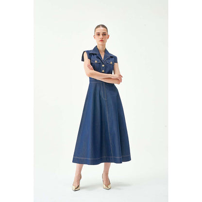 Notebook Women Blue Notched Lapel Solid Midi Dress