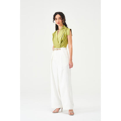 Notebook Women Green Slid V-Neck Jumpsuit