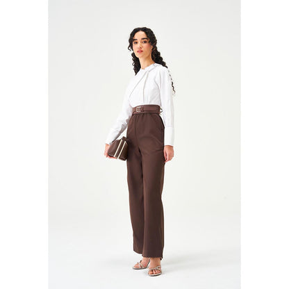 Notebook Women Brown Solid Round Neck Jumpsuit